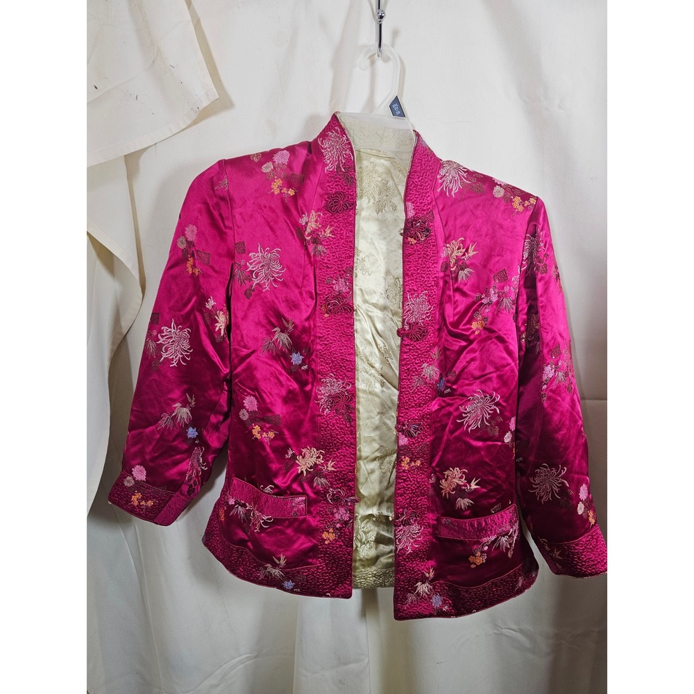 Vintage Reversible Silk Satin Jacket Pink Gold Floral Embroidered Frog Closure